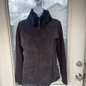 Escapade brown suede and sweater with rabbit trim detachable collar used medium